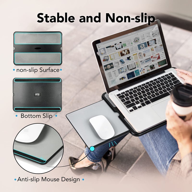 EHO Laptop Lap Pad - Laptop Stand Pad w Retractable Mouse Pad Tray, Anti-Slip Heat Shield Tablet Notebook Computer Stand Table w/Sturdy Stable Cooler Work Surface for Bed Sofa Couch or Travel - Image 2